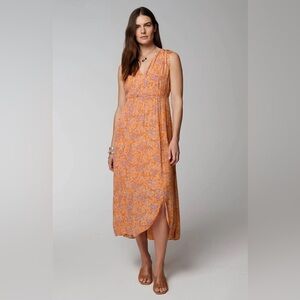 J. Jill Tie Shoulder Faux Wrap Midi Apricot Ornamental Paisley Midi Dress XLP